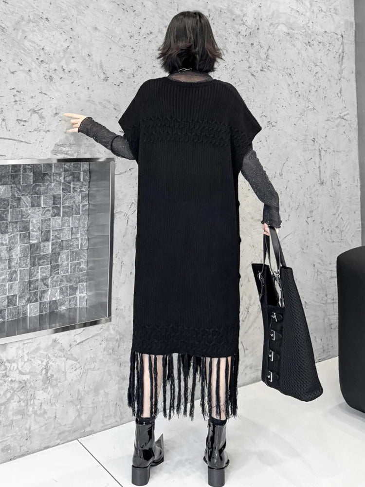 XITAO Tassel O-neck Half Sleeve A-line Dress Casual Mid-calf Pullover Hong Kong Knitting Solid Color Autumn Female Dress GYX1702