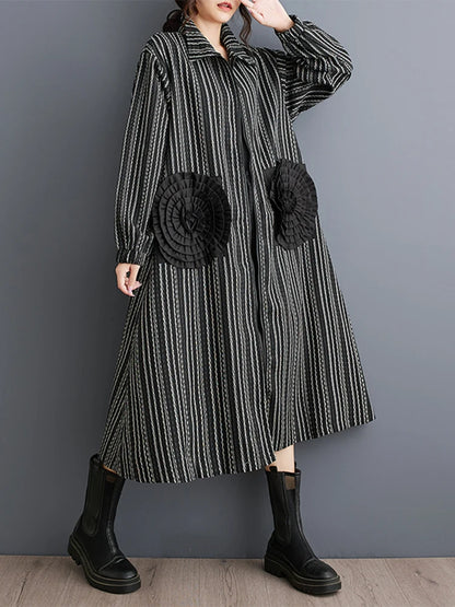 XITAO Stripe Color Turn Down Collar Female Dress Long Sleeve Zipper A-line Loose Patchwork A-line 2024 New Autumn Dress GYX1078