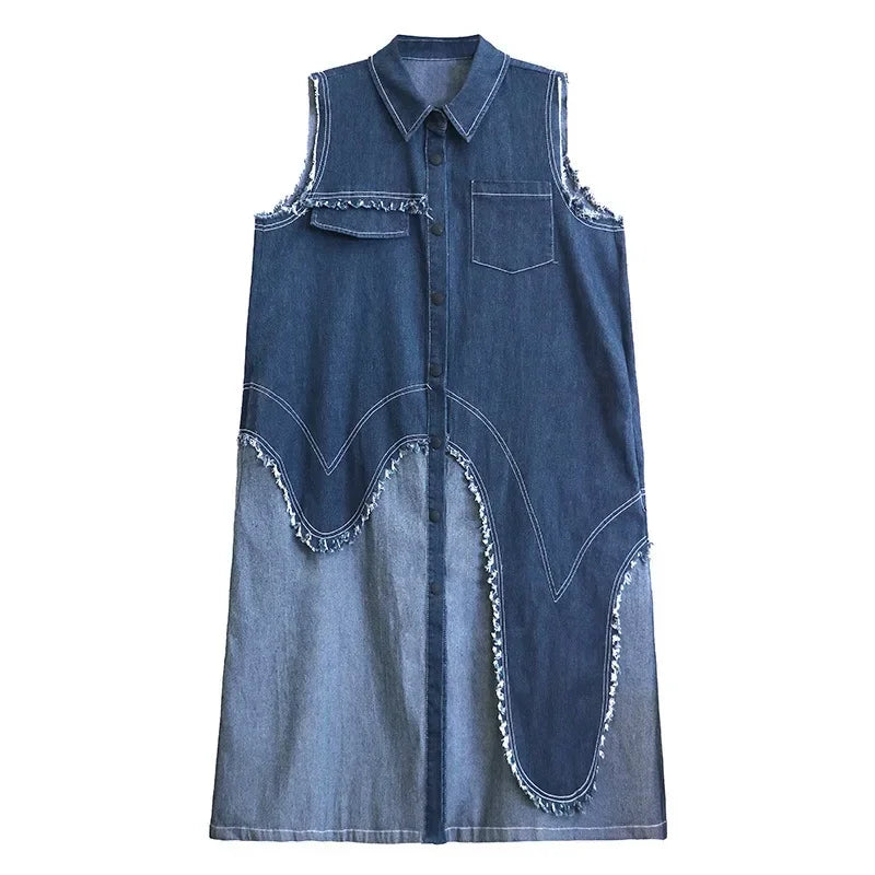 XITAO Contrast Color Patchwork Single Breasted Dress Casual Lapel Loose Fitting Pocket Sleeveless Spring Female Dress GMM1349