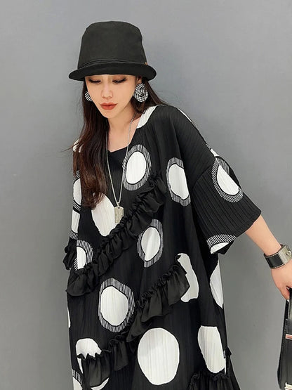 XITAO Chiffon Flounced Edge Dress Fashion Contrast Color Big Dot Casual Loose Dress 2024 Summer New Simplicity Women LYD1731