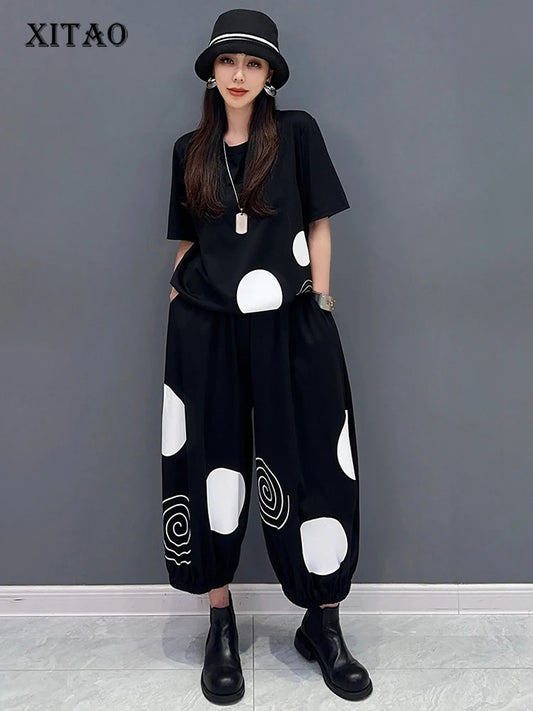 XITAO Short Sleeve T-shirt Harem Pants Two Piece Set Print Loose Casual Fashion Summer Women Street Trendy New Set DMJ4140