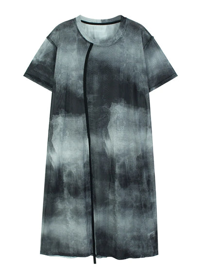 XITAO Tie Dye Perspective Mesh Slit Female Dress Personality Casual T-shirt Dress 2024 Summer New Street Trendy Women WLD20248