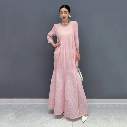 XITAO Irregular Folds Dress Solid Color Temperament Three Quarter Sleeve V-neck Collar Women Dress 2024 Summer New WLD20190