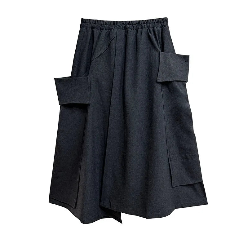 XITAO Autumn Loose Large Pocket Skirt All Match Casual Elastic Waist Solid Color Irregular Split Fork Ankle Length Skirt ZYY1016