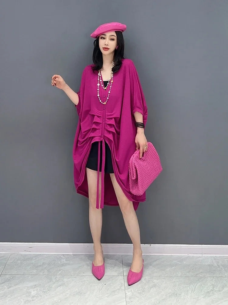 XTAO Drawstring Dress Pleated Solid Color Small Fresh Women Goddess Fan Casual Style Pullover 2024 Summer Dress WLD16535