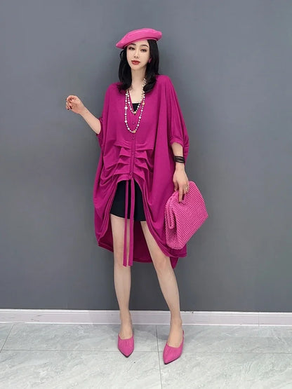 XTAO Drawstring Dress Pleated Solid Color Small Fresh Women Goddess Fan Casual Style Pullover 2024 Summer Dress WLD16535