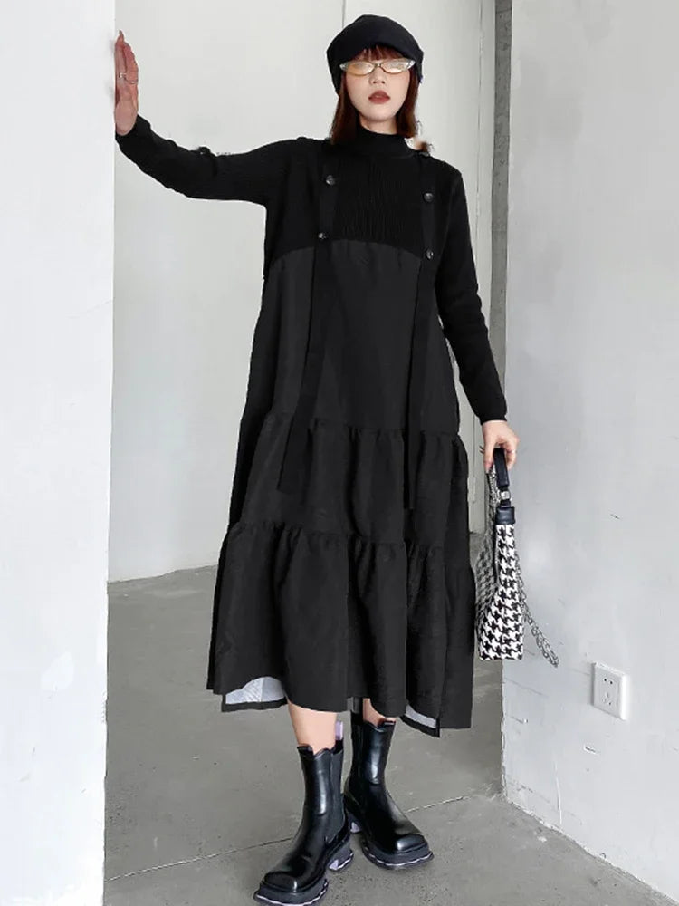 XITAO Knitting Patchwork Dress Fashion Turtleneck Pullover False Two Pieces Women Spring Loose Simplicity Casual Dress WLD13086