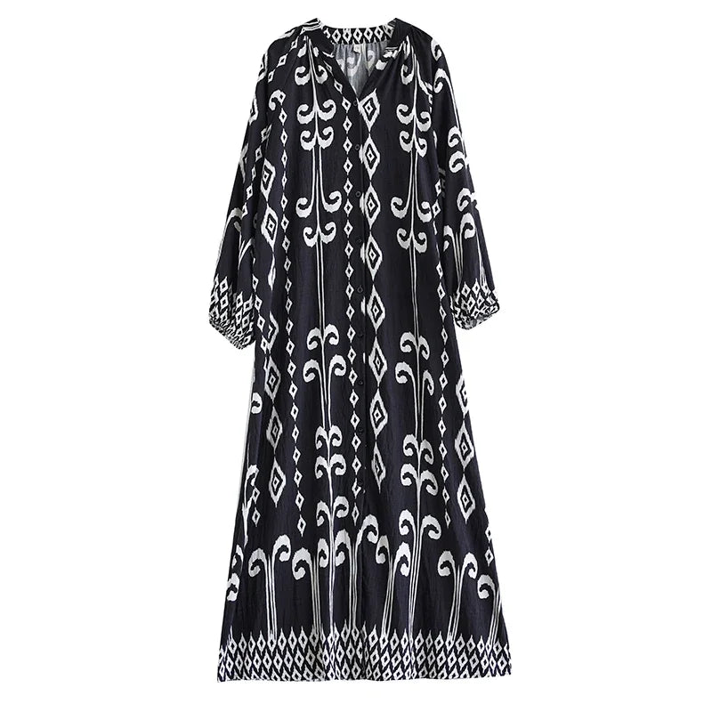 XITAO Print V-neck Single Breasted Shirt Dress Long Sleeve Fashion Loose A-line Mid-calf All Match Dress 2024 Autumn New GYX1031