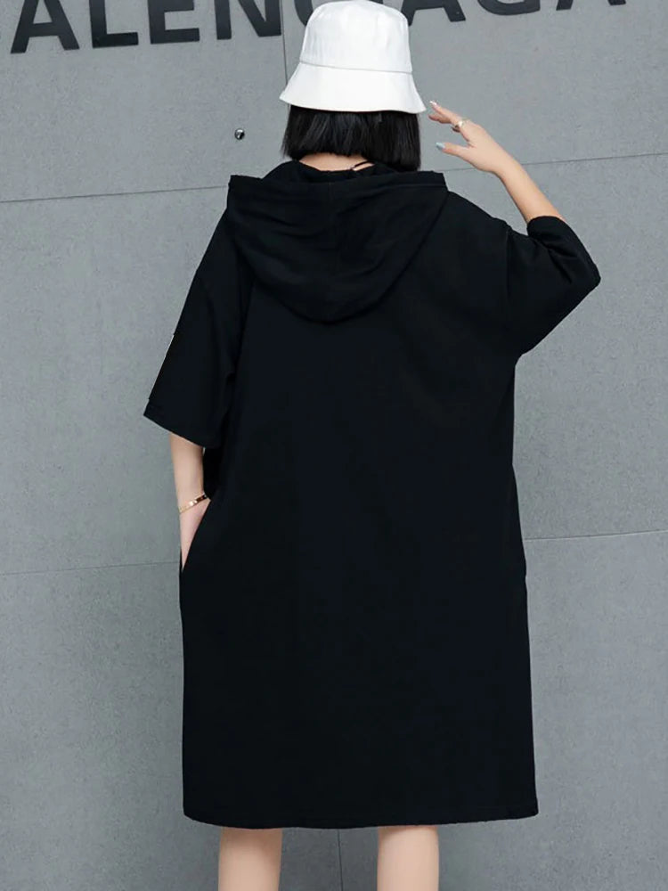 XITAO Hooded Letter Printing Drawstring Dress Casual Loose Fitting Knee-length Half Sleeve Pullover Summer Women Dress GMM1194