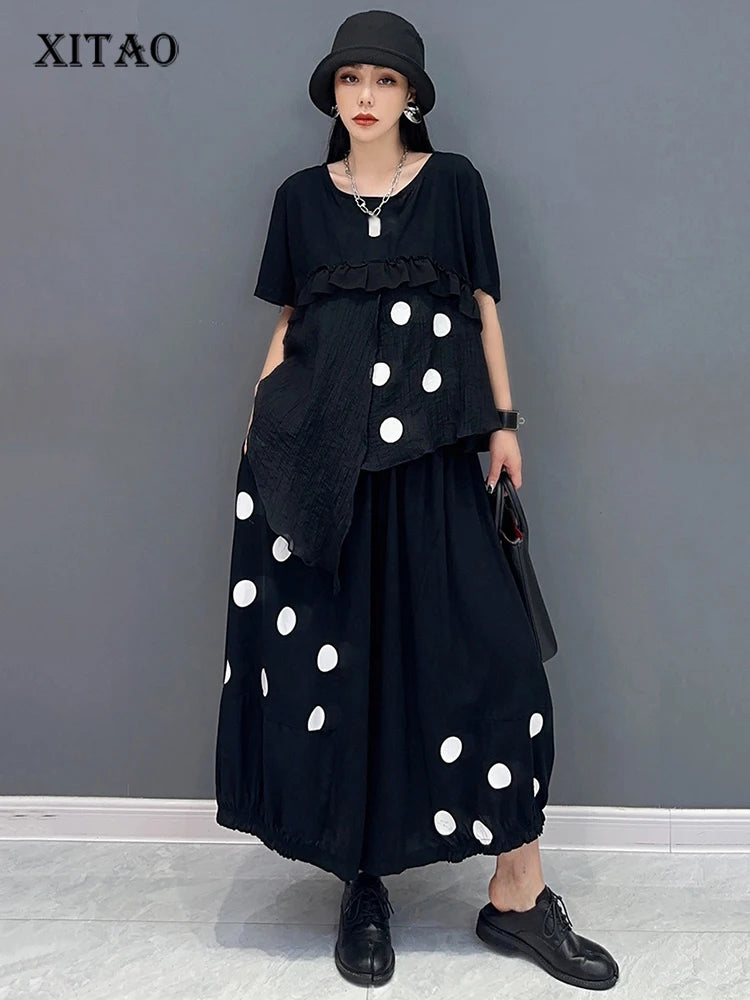 XITAO Casual Asymmetric Dot Two Piece Set Personality Patchwork Top Women Summer New Loose All-match Ankle Length Pants ZY8717