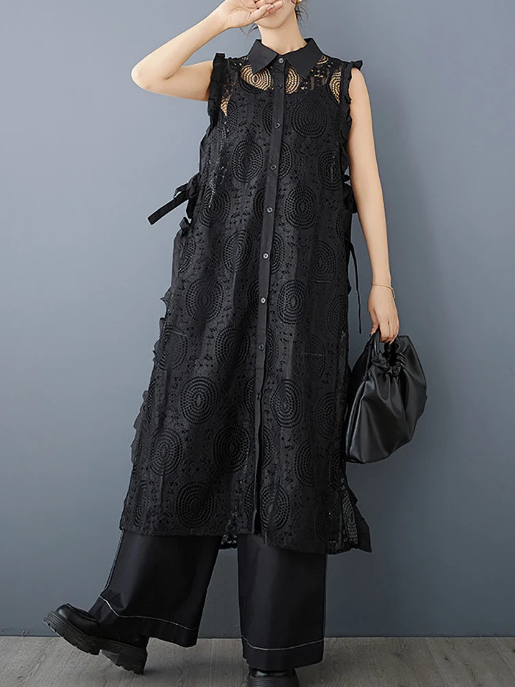 XITAO A-line Casual Solid Color Loose Fit Turn-down Collar Dress Hollow Out Sleeveless Lace New Autumn Women Dress GMM1104