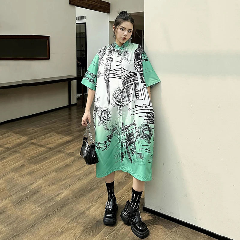 XITAO Chinese Style Printing Short Sleeve Dress Vintage Fashion Female New Summer Single Breasted A-line Shirt Dress DMJ4080