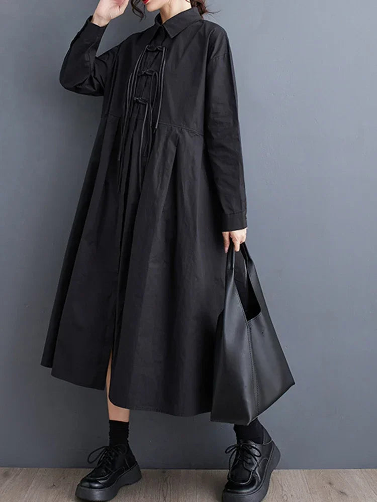 XITAO Loose Casual Dress Full Sleeve Turn Down Collar Single Breasted Solid Color Simplicity Spring Women New Dress DMJ2908