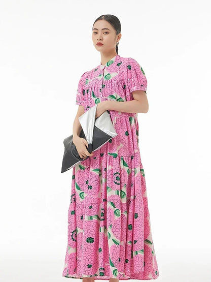 XITAO Floral Stand Collar Loose Print Dress Pullover Show Thin Summer New Arrival Vintage Casual Fashion All Match WLD11671