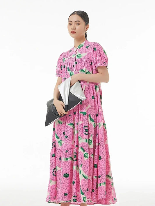 XITAO Floral Stand Collar Loose Print Dress Pullover Show Thin Summer New Arrival Vintage Casual Fashion All Match WLD11671