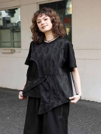 XITAO Gauze Asymmetrical Single Button T-Shirts Solid Color Patchwork O-neck Short Sleeve Pullover Loose Casual Top HQQ2435