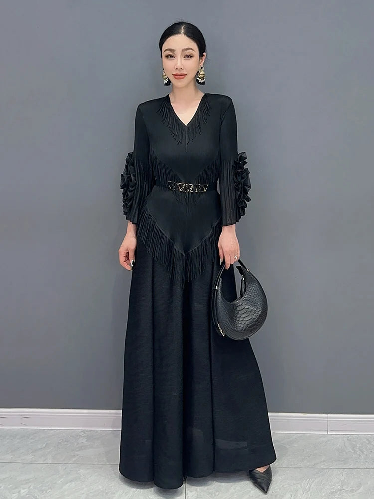 XITAO Tassel Solid Pleated Dress V-neck Three Quarter Sleeve Pullover Temperament Elegant Fashion Women A-line Dress LYD1749