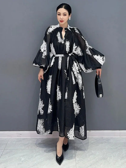 XITAO Loose Print Dress Fashion Temperament Elegant Goddess Fan Women Autumn New Arrival V-neck Appear Thin Dress HQQ1452