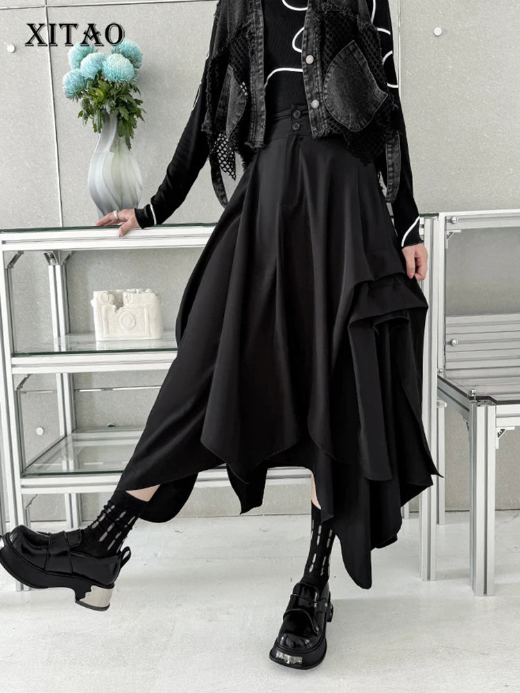 XITAO Black Irregular Skirt Fashion Folds Button Splicing Women Loose A-line Skirt Spring New Street Trendy HQQ2252