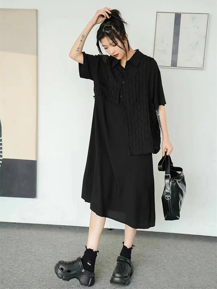 XITAO Turn-down Collar Patchwork Dress Solid Color Short Sleeve Pullover Loose Slimming Dress 2024 Summer New All Match WLD20146