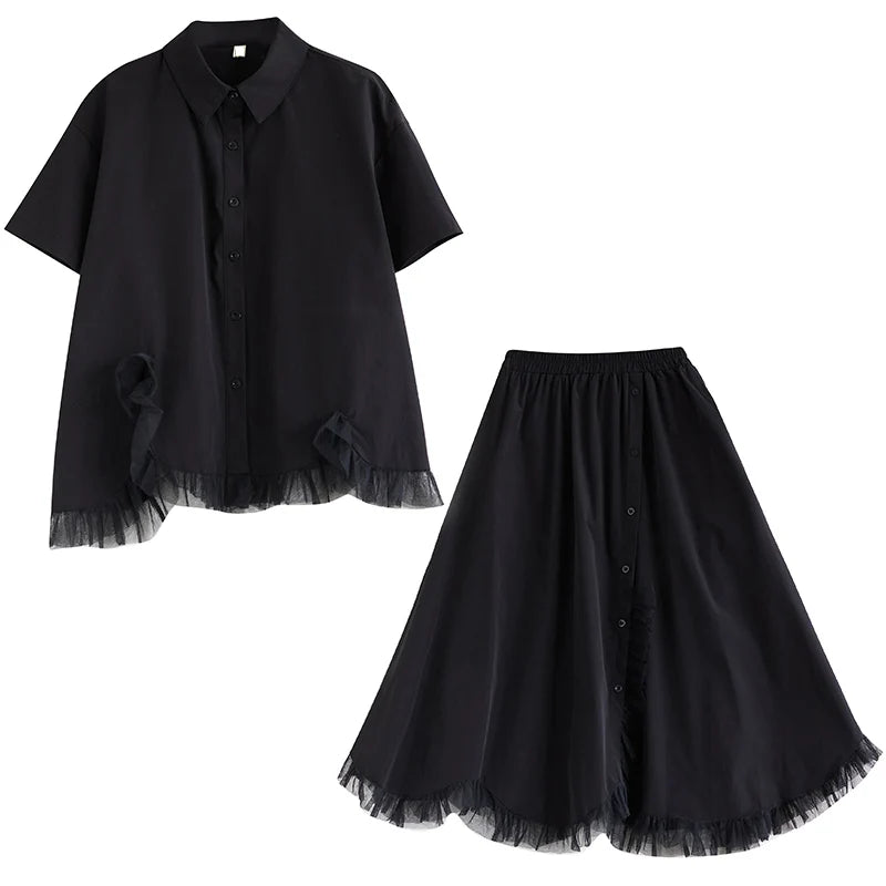 XITAO Black Skirt Sets Mesh Edible Tree Fungus Splicing Irregular Shirt Top Skirt Two Pieces Sets Summer New Women WLD20188