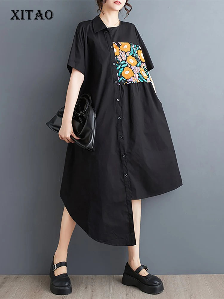 XITAO Asymmetrical Single Breasted Print Dresses Turn-down Collar Patchwork Pocket Loose Shirt Dress 2024 Summer New ZY8674