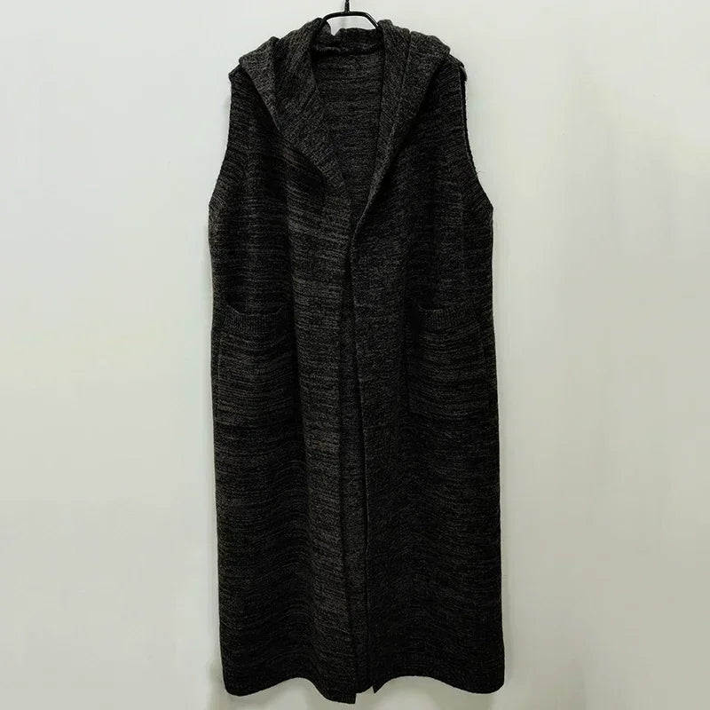 XITAO Solid Color Sleeveless Knitting Hooded Long Vests Pocket Mid-calf Female Loose 2024 Spring New Casual All Match ZZ0052