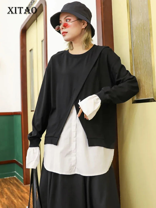 XITAO Patchwork Hit Color Black White T Shirt Women Clothes Fashion Button Pullover Full Sleeve Match All Tee Top  GCC1369