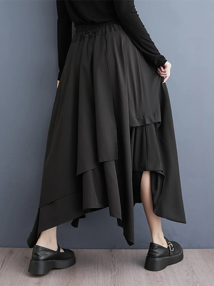 XITAO Asymmetrical Black Patchwork Skirts Solid Color Loose A-line Ankle-length All Match Casual Skirts 2024 Autumn DMJ4168