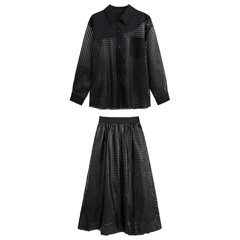 XITAO Hollow Out Pu Patchwork Dress Set Solid Color Single Breasted Turn-down Collar Shirt Elastic Waist Mid-calf Skirt GMM1246