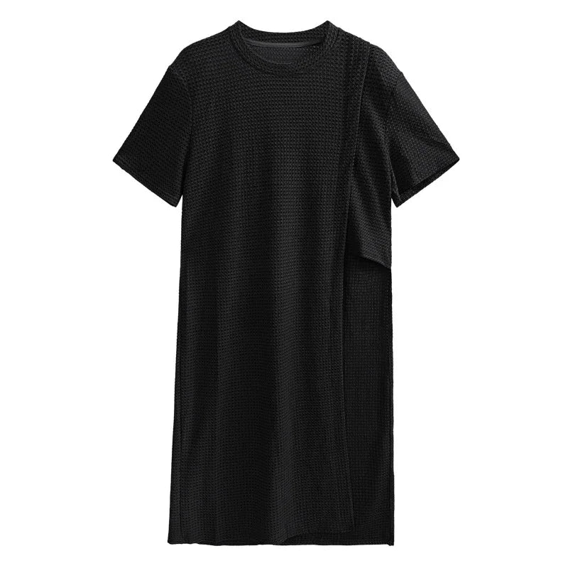 XITAO Asymmetrical Patchwork Split Short Sleeve T-shirts Sold Color O-neck Pullover Loose Long Tops Summer New LYD1887