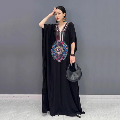 XITAO Embroidery Striped Batwing Sleeve Dresses V-neck Patchwork Loose Floor-length Fashion Dress Summer Casual New ZY8773