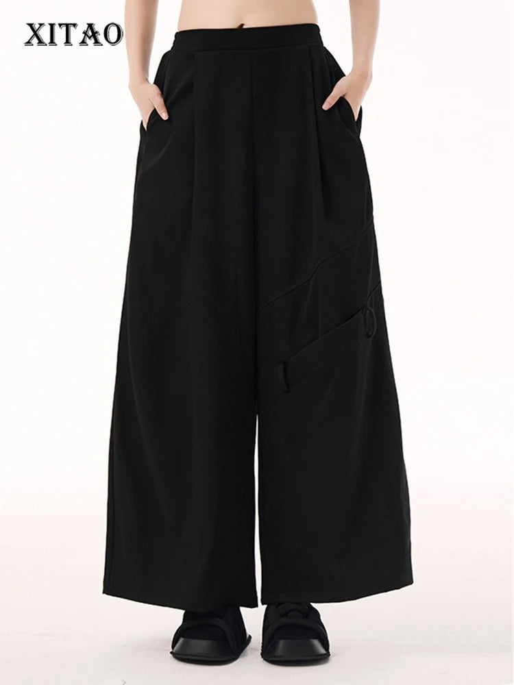 XITAO Trendy Female Wide Leg Pants Patchwork Elastic Waist All Match Solid Color 2024 New Spring Women Casual Pants GYX1800