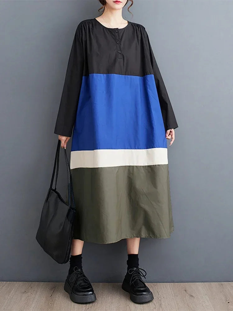 XITAO Casual Dress Simplicity Contrast Color Splicing Loose Long Sleeve Pullover O-neck Women Dress Initial Spring New ZZ0010