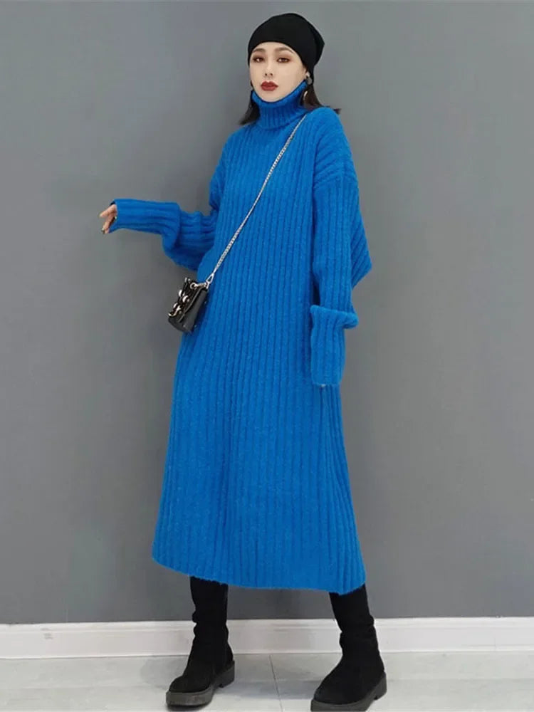 XITAO Turtleneck Knitting Dresses Fashion Casual Solid Color Simplicity Pullover Loose Long Temperament New Arrival GWJ1988