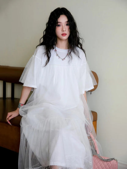 XITAO Mesh Patchwork T-shirt Dress Solid Color Loose Fashion Casual Simplicity Women Summer New Long Dress 2024 LYD1856