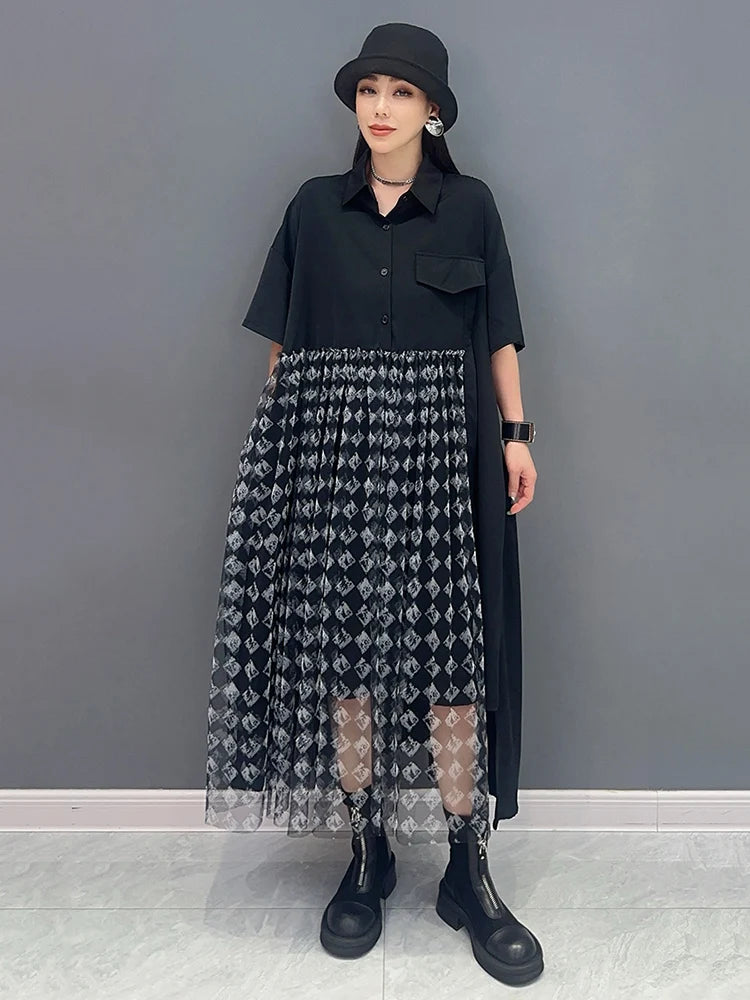 XITAO Asymmetrical Gauze Patchwork Black Shirt Dress Loose Fashion Short Sleeve Single Breasted Dress Summer New ZY8789