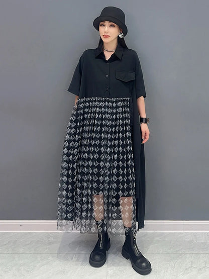 XITAO Asymmetrical Gauze Patchwork Black Shirt Dress Loose Fashion Short Sleeve Single Breasted Dress Summer New ZY8789