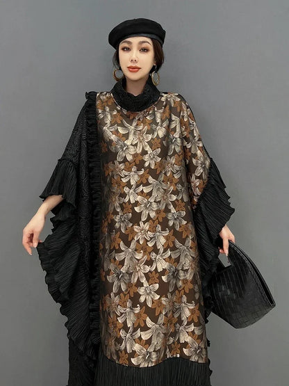 XITAO Print Contrast Color Patchwork Batwing Sleeve Dresses Pullover Loose Slimming Mid-calf A-line Fashion Dress Autumn LJ1091