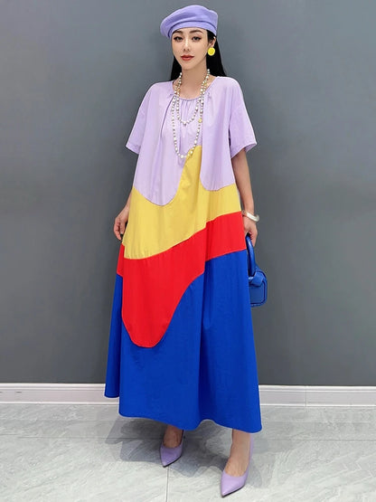 XITAO Loose Patchwork O-neck Female Dress Fashion Contrast Color Women Summer New Casual Irregular Simplicity Dress ZY8757