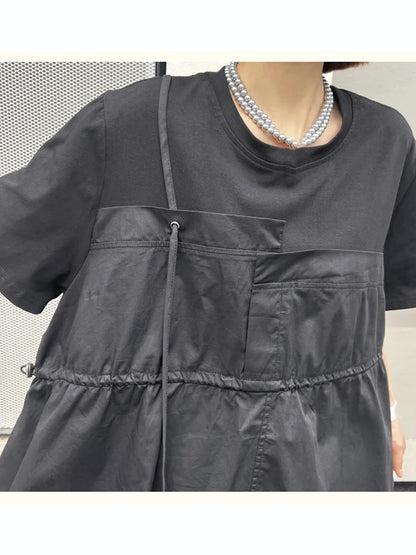 XITAO Black Asymmetrical Casual T-shirt Drawstring Splicing Loose Fashion Trendy Street Women Top Summer New ZY8816