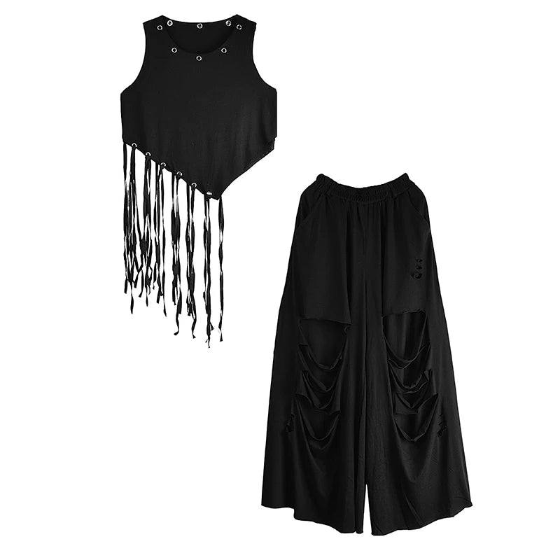 XITAO Personality Sleeveless Women Set Asymmetrical Tassel T-shirt Top Hole Wide Leg Pants Two Pieces Sets Street Trendy DMJ4145