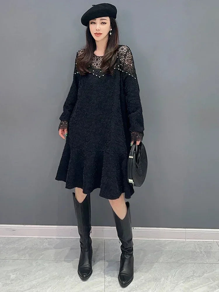 XITAO O-neck Patchwork Lace Dress Temperament Advanced Sense Slimming Loose Fashion 2024 Spring Women New Dress DMJ3289