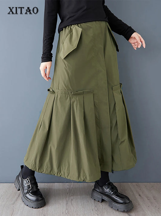 XITAO Ruffles Pleats Patchwork Skirt Casual Fishtail Solid Color A-line New Arrival Simple Mid-calf Autumn Female Skirt GMM1222