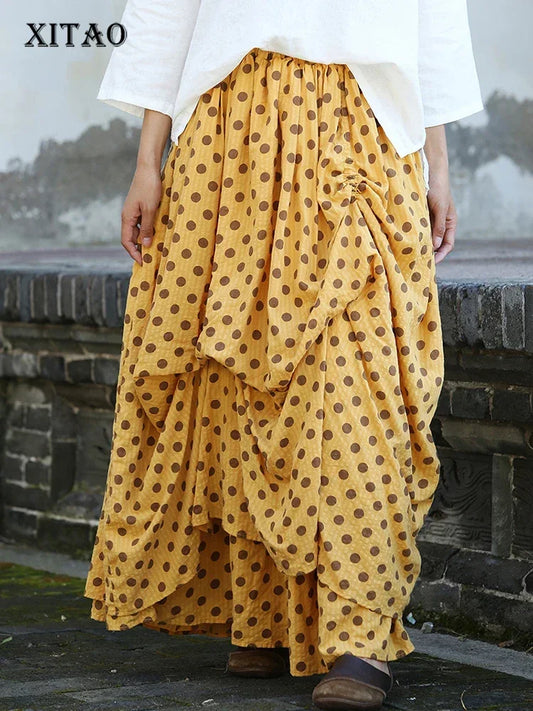 XITAO Pleated Loose Casual A-line Skirt Irregular Polka Dot Elastic Waist Fashion Autumn Women New All-match Skirt LYD1143