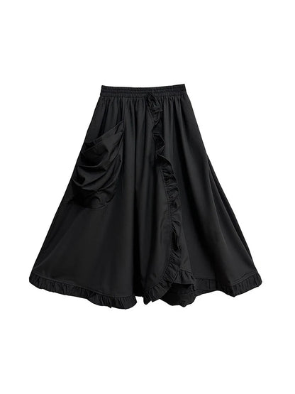 XITAO Casual A-line Solid Color Mid-calf Loose Fitting Skirt Patchwork Lotus Leaf Edge Pocket Fashion Autumn Women Skirt GMM1102