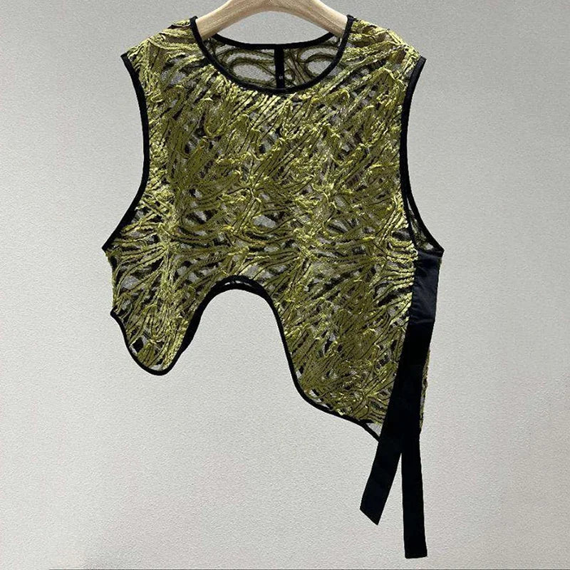 XITAO Irregular Mesh Patchwork Women Vests Fashion Personality O-neck Collar Pullover Women Top Hollow Out Perspective HQQ0565