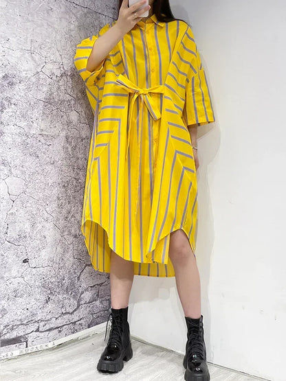 XITAO Contrast Color Striped Shirt Dress Fashion Bandage Splicing Loose Three Quarter Sleeve Casual New Trendy Dress WMD5205