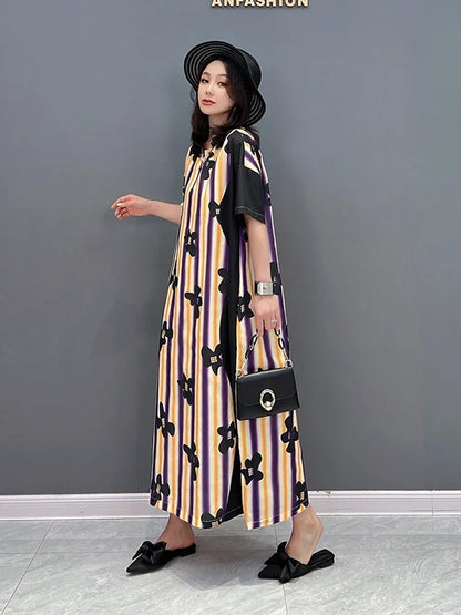 XITAO Fashion Striped Print Dress Loose Casual Simplicity Contrast Color Women T-shirt Dress Temperament Summer New ZY7275