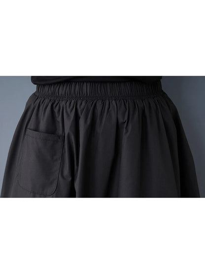 XITAO Pocket Patchwork Pleated Elastic Waist Skirt Solid Color Loose Slimming A-line Mid-calf Fashion Casual Skirts GMM1232